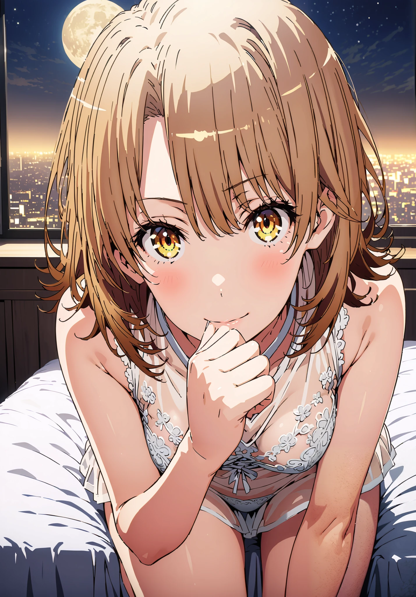 Irohaisshiki, Isshiki Iroha , short hair, black cock, brown eyes,narrow your eyes,Medium breast,seductive smile,cover,close your mouth,Yellow see-through nightgown, sleeveless,yellow string panties, Bare legs,bed,Interior,moon,mysterious, beautiful night view with depth,Beautiful cityscape,full bodyがillustrationに入るように,break indoors, bedroom,
break looking at viewer,full body,
break (masterpiece:1.2), best quality, high resolution, Unity 8K Wallpaper , (illustration:0.8), (Beautiful Detailed Eyes:1.6), Highly detailed faces, perfect lighting, extremely detailed CG, (perfect hand, perfect anatomy),