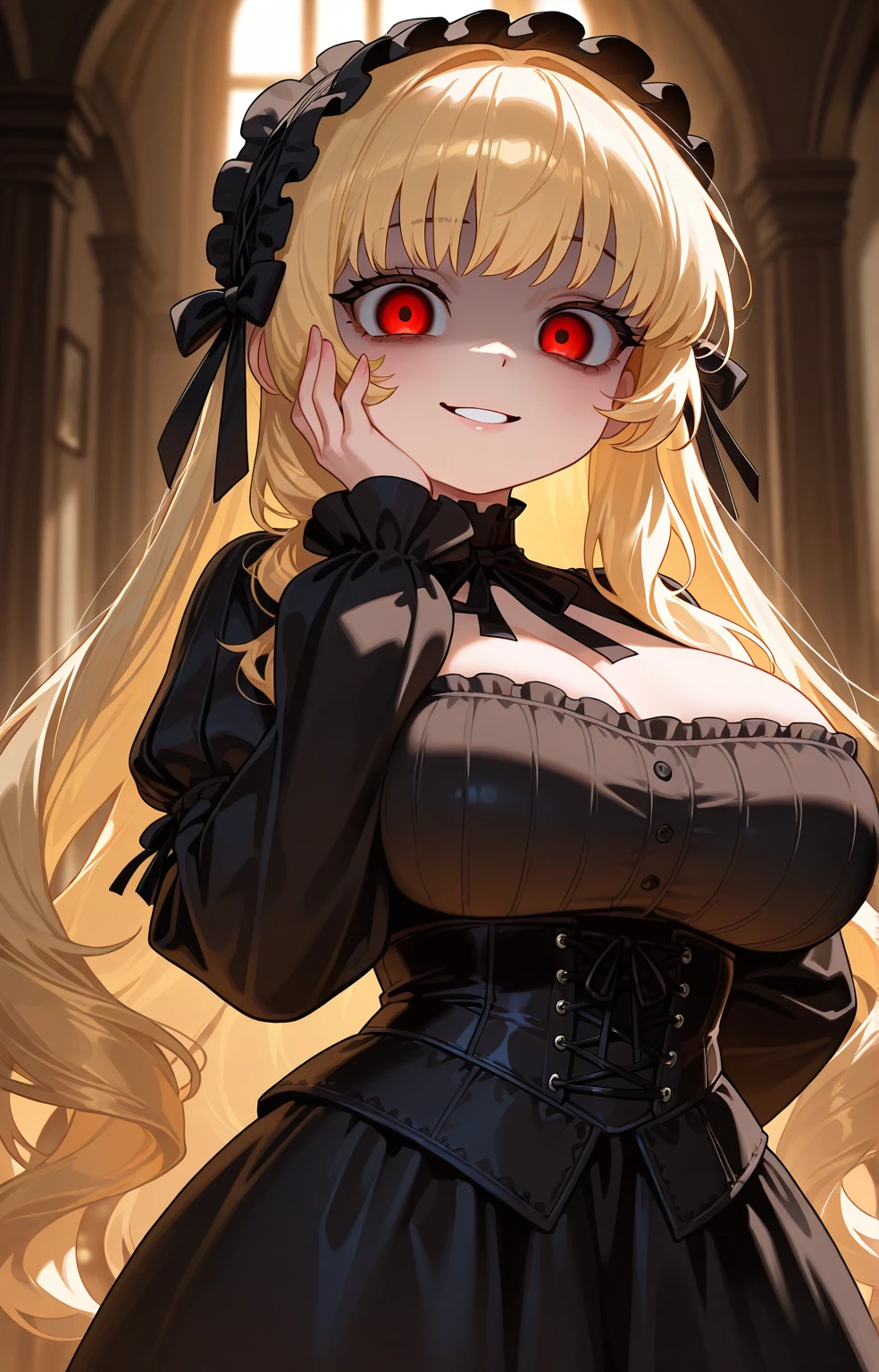 (masterpiece, high quality, detailed), 1girl, vampire girl, big poofy sandy-blonde hair, bright yellow eyes, hair drills, smug grin, wearing slutty armor, huge beasts, cleavage, provocative, flowing cape, haunted castle interior, scattered rose petals, spooky, horror
