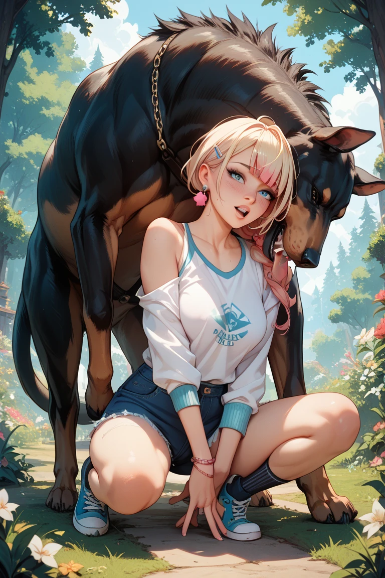 Highest definition, masterpiece, 4K, high resolution, one big dog, one mature adult woman, a bewitching woman. Female, platinum blonde, straight hair, bob. Bangs parted 7:3. Slit eyes, model-like beauty, perfect proportions. Tank top, low rise hot pants. Her breasts are large and beautiful, and you can see her nipples standing up even on top of her clothes.
(In a wooded, grassy area, the woman is on all fours, and a large dog is holding her from behind on her back.
The woman's cheeks are flushed and she is smiling shyly.