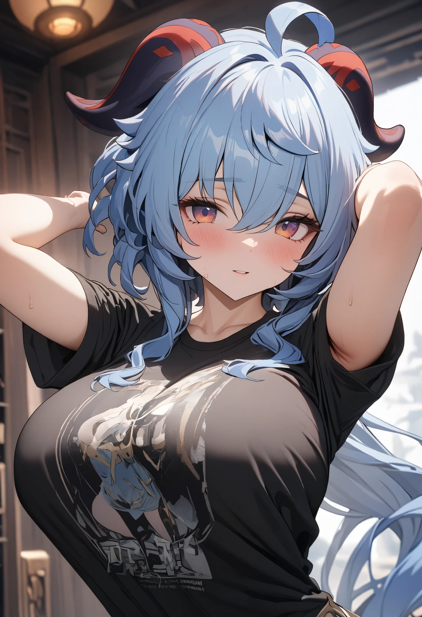 Ganyu,(suggestive:1.3),(corruption),1girl,(whute t-shirt), melting,dripping,blue sea hair,blush,upper body,(ahegao:1.1),(naughty face),collarbone,trembling,sweat,sweatdrop,heart,skindentation, (crazy:1.3),(speed lines),sun, outdoors