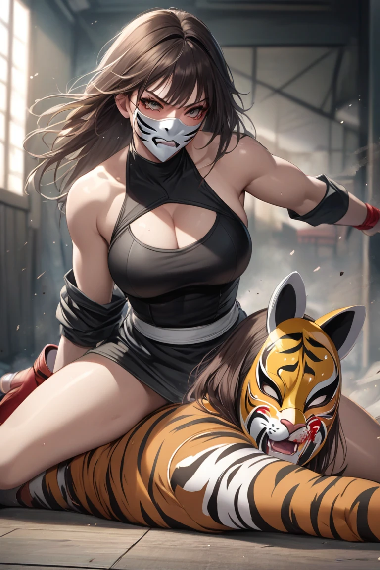Cartoon of a woman in a panda suit and a panda bear, In a Japanese anime style, muscular!!, muscular!, japanese cartoon style, japanese animation style, けもの, muscular! white, japanese anime style, [ conceptual art ]!!, In an anime style, muscular!!!, female fursona, Two different characters, Award-winning anime style