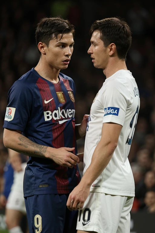 in realistic , gay football players Lionel Messi and Cristiano Ronaldo they are fall in love each other . create they are beautiful love story . begin they meet football match Real Madrid (C.ronaldo) vs Barcelona (Messi) , eye contact, smile , fall in love. date , marriage . Messi have pregnant and C. Ronaldo happy.
