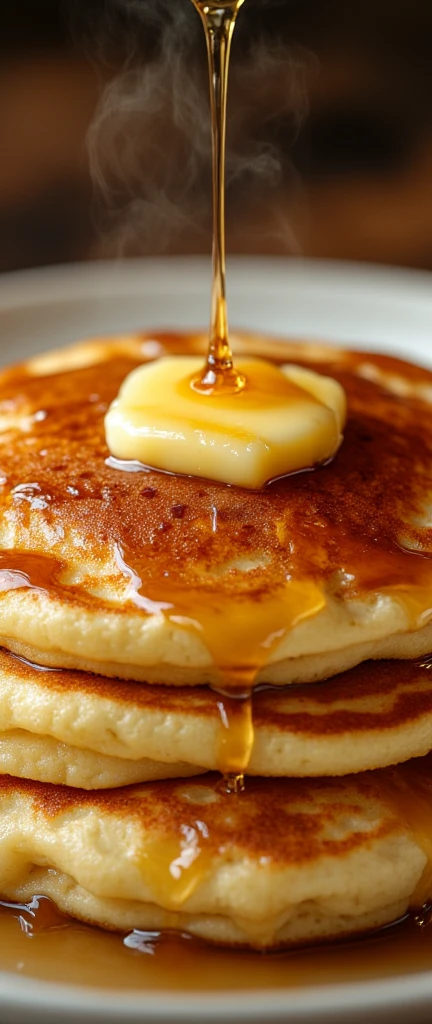 A mouth-watering, drool-worthy pancake, perfectly golden brown and fluffy, with a slight crispness around the edges. A pool of melted butter glistens on top, and a drizzle of golden maple syrup cascades over it, creating a tantalizing visual symphony of textures. The steam rising from the warm pancake adds a touch of magic to the scene. Captured in a professional, high-quality photograph with a soft, warm light source, the image evokes a sense of pure comfort and indulgence, making it an irresistible visual feast for the eyes and an invitation to savor the sweet goodness