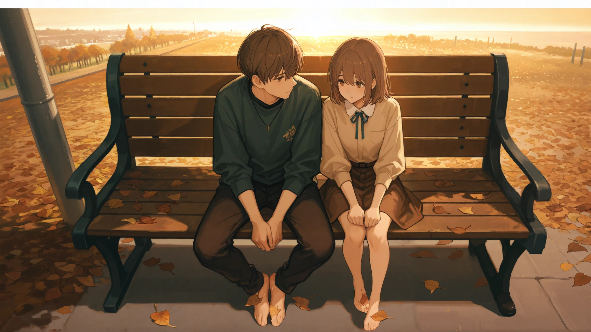 A quiet park in the late afternoon, where the golden light of the setting sun filters through the trees. Emma and Tyler sit on a wooden bench, a small space between them. Emma’s hands rest on her lap, her deep brown eyes focused on the distant horizon. Her chestnut brown hair moves slightly with the breeze. Tyler sits with his elbows on his knees, his posture less rigid than before. Fallen leaves scatter around their feet, and the air carries the stillness of a moment that feels both fragile and significant.