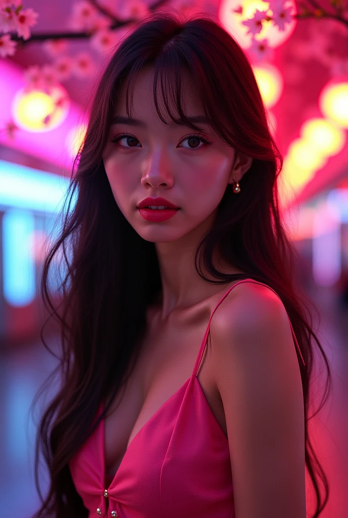 Hyper-realistic, medium shot, a beautiful young thai korean woman, 20 years old, ((full body shot)), Cup D bra, porcelain white skin, standing in a supermarket, neon light graphic "AI Girl" on the wall in the background, cinematic lighting, photorealistic, intricate details, elegant facial features, long eyelashes, defined jawline, beautiful lips, high resolution, 8k, hyperrealistic, masterpiece, (best quality,4k,8k,highres,masterpiece:1.2),ultra-detailed,(realistic,photorealistic,photo-realistic:1.37),HDR,UHD,studio lighting,ultra-fine painting,sharp focus,physically-based rendering,extreme detail description,professional,vivid colors,bokeh,concept art