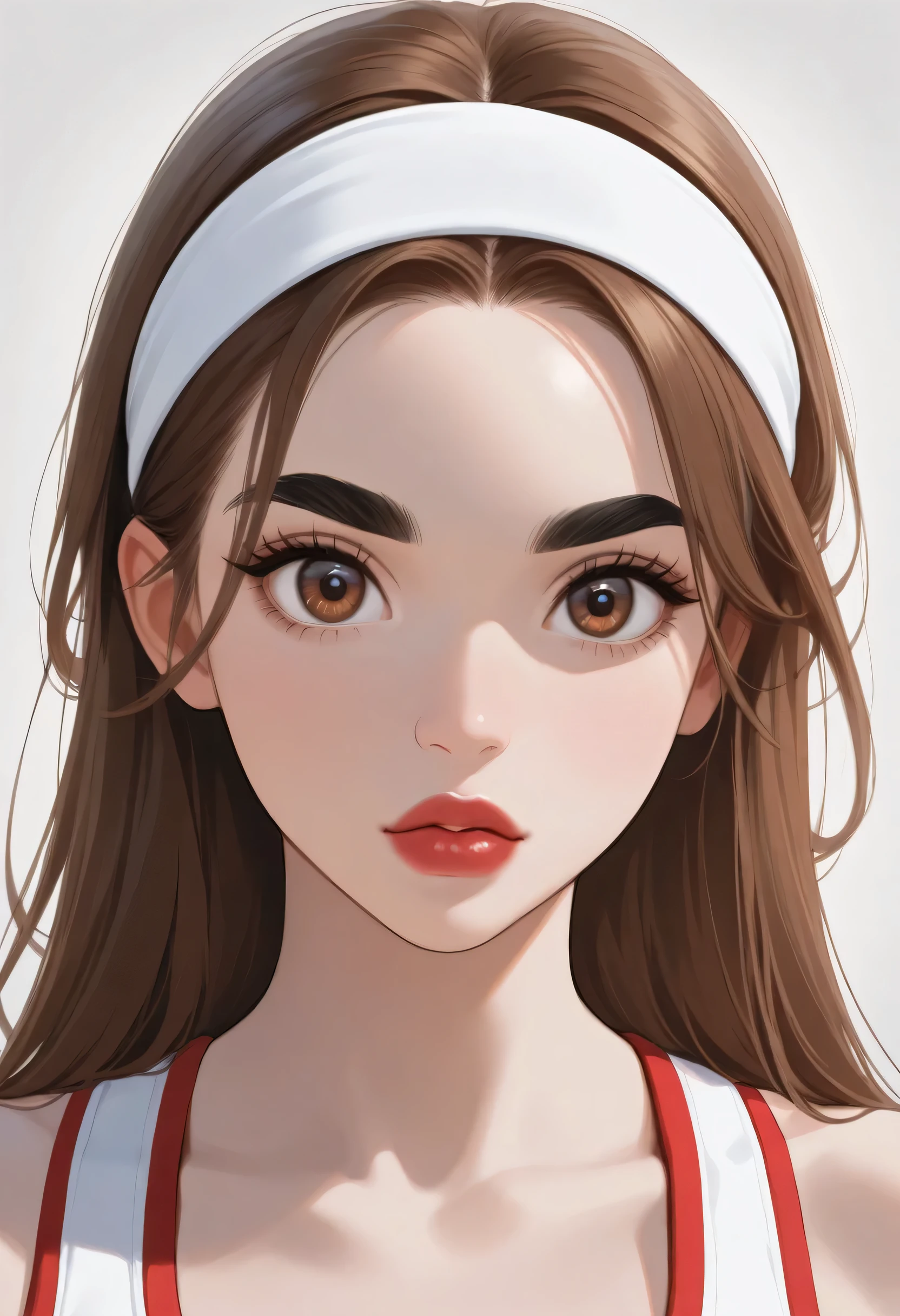 perfect face, straight hair, lightest brown hair, (((white headband))), black eyebrows, thick eyebrows, black eyeliners, big eyes, (((brown eyes))), bright red lips, thick lips, beautiful woman, white tank top, medium breasts