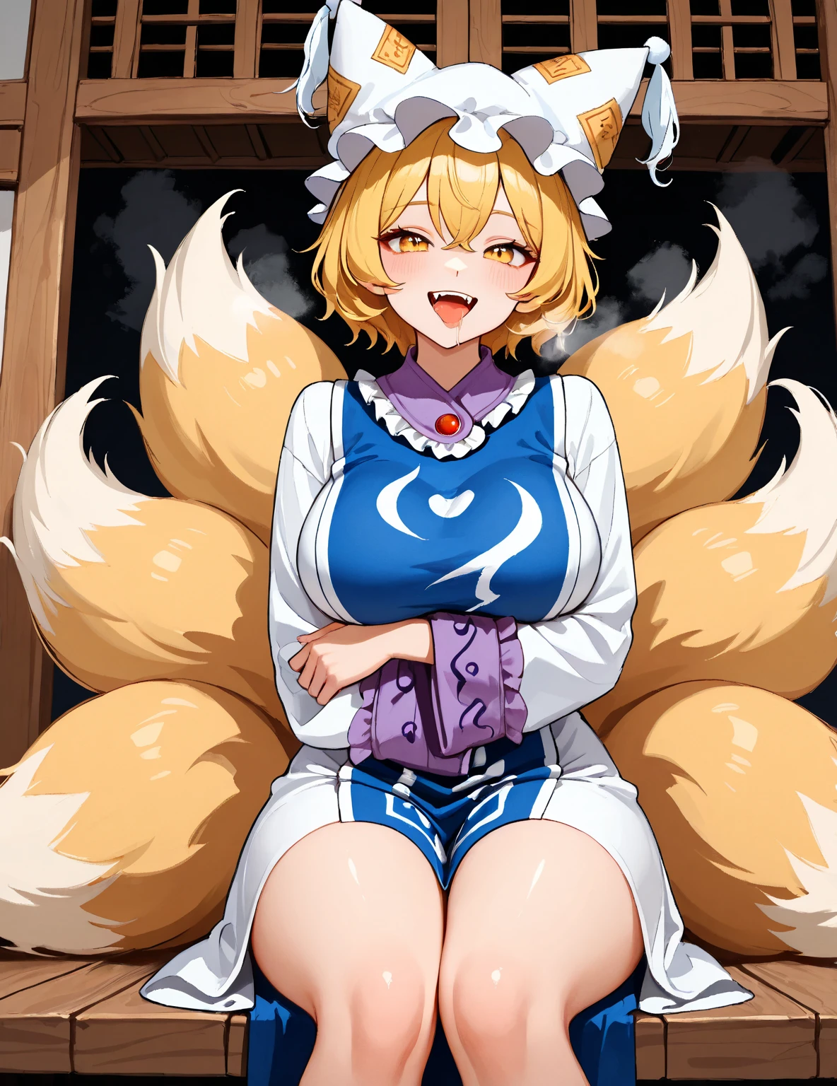 top quality, best quality, by ioenami88, High-quality illustrations, masterpiece)(kemono, furry anthro), round, 1 female, nine-tail fox, chubby body, fur, fluffy, flat chest, wide hips, tails, perfect eyes, blur sclera eyes, date kimono, bed, body movement, pregnant, red blushing, looking at viewer, spread legs,
