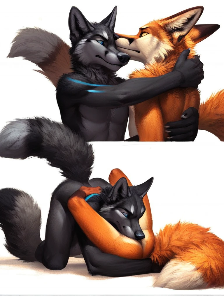 score_9, score_8_up, score_7_up, source_furry, rating_safe, by kenket, anthro, duo, male/male, wolf, black body, blue eyes, fox, orange body, on bellies, legs, disappointment, sad, fullbody portrait, strong, wrestling, pressed tightly together, neon green pawpads, neon green toe fur, laying on top, holding hands, black wolf domination, sad fox
