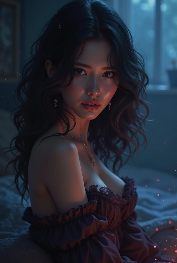 1girl, masterpiece, highest quality, best quality, , highly detailed, best illustration, glowing hair Lucia, looking at viewer, blush, bangs, black hair, gloves, dress, bare shoulders, jewelry, collarbone, earrings, black gloves, elbow gloves, indoors, depth of field, blurry background, on bed,all fours,very good lighting, ray tracing, semi realistic, black thighhighs, red eyes, two tone hair, see-through sleeves, seducing