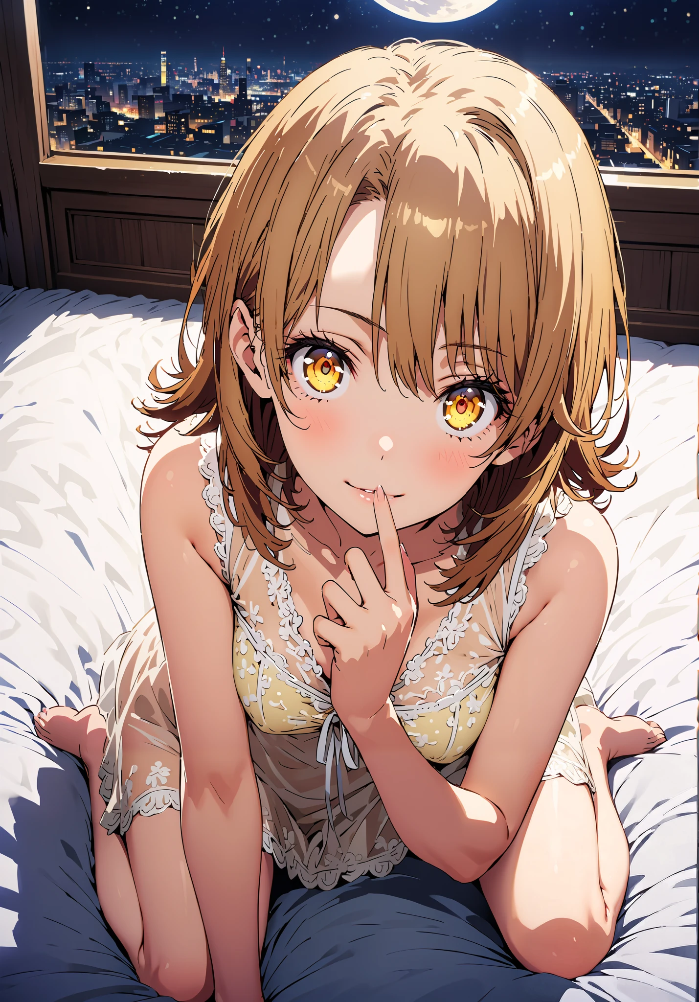 Irohaisshiki, Isshiki Iroha , short hair, black cock, brown eyes,narrow your eyes,Medium breast,seductive smile,cover,close your mouth,Yellow see-through nightgown, sleeveless,yellow string panties, Bare legs,bed,Interior,moon,mysterious, beautiful night view with depth,Beautiful cityscape,full bodyがillustrationに入るように,break indoors, bedroom,
break looking at viewer,full body,
break (masterpiece:1.2), best quality, high resolution, Unity 8K Wallpaper , (illustration:0.8), (Beautiful Detailed Eyes:1.6), Highly detailed faces, perfect lighting, extremely detailed CG,full body写真, (perfect hand, perfect anatomy),