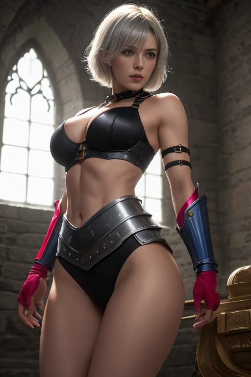 8k、Short blonde bobヘアのエルフ、Super Beauty(Realistic)、Alafeid woman dressed in purple and black、Ultra-detailed fantasy characters、3D Rendering Character Art、blue eyes、Detail Fantasy、Stunning Armor、Amazing character art、Gorgeous Female Paladin、Ultra-high resolution、Ultra-Realistic Skin、Beautiful expression、Sexy Appearance、Fascinating、Beautiful small breasts、Rich colors、Backlight、Cinema Lighting、Film Grain、50mm lens、Nikon D850、Fantasy art、Dynamic fighting poses、In the dark dungeon、make、Elf Ears、Very muscular and slim build、Very strong and toned abdominal muscles腹筋(Six Pack)、Silver hair ornament(one point)、Purple and black combat pants、湾曲した銀2Hold two swords in each hand、Preparing for battle、Short blonde bob,Strengthen all body muscles,Very strong and toned abdominal muscles(Six Pack),2Hold two swords in each hand,With silver and purple ribbon,Amazing muscles,Bodybuilding,
