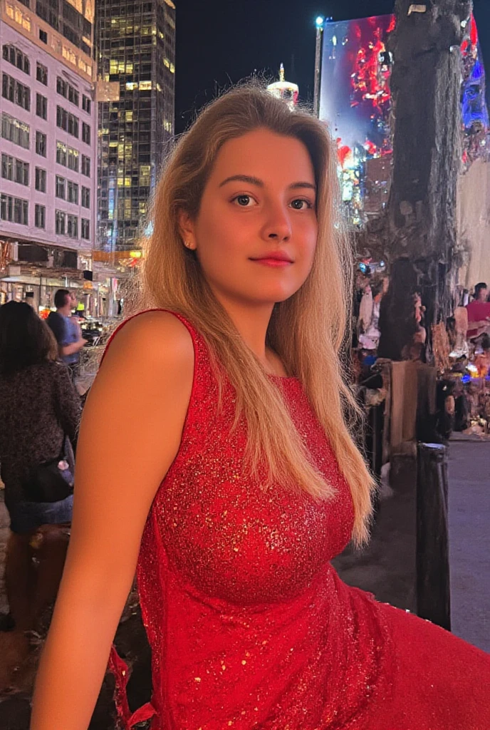 Turkish girl, age 30. beautiful face, black eyes, high nose, smiling mouth. White skin, blonde curled hair. tall figure, wearing a black two-piece dress. posing on the street. Photo realistic, clear details. warm color combination, lively. The background is blurred.