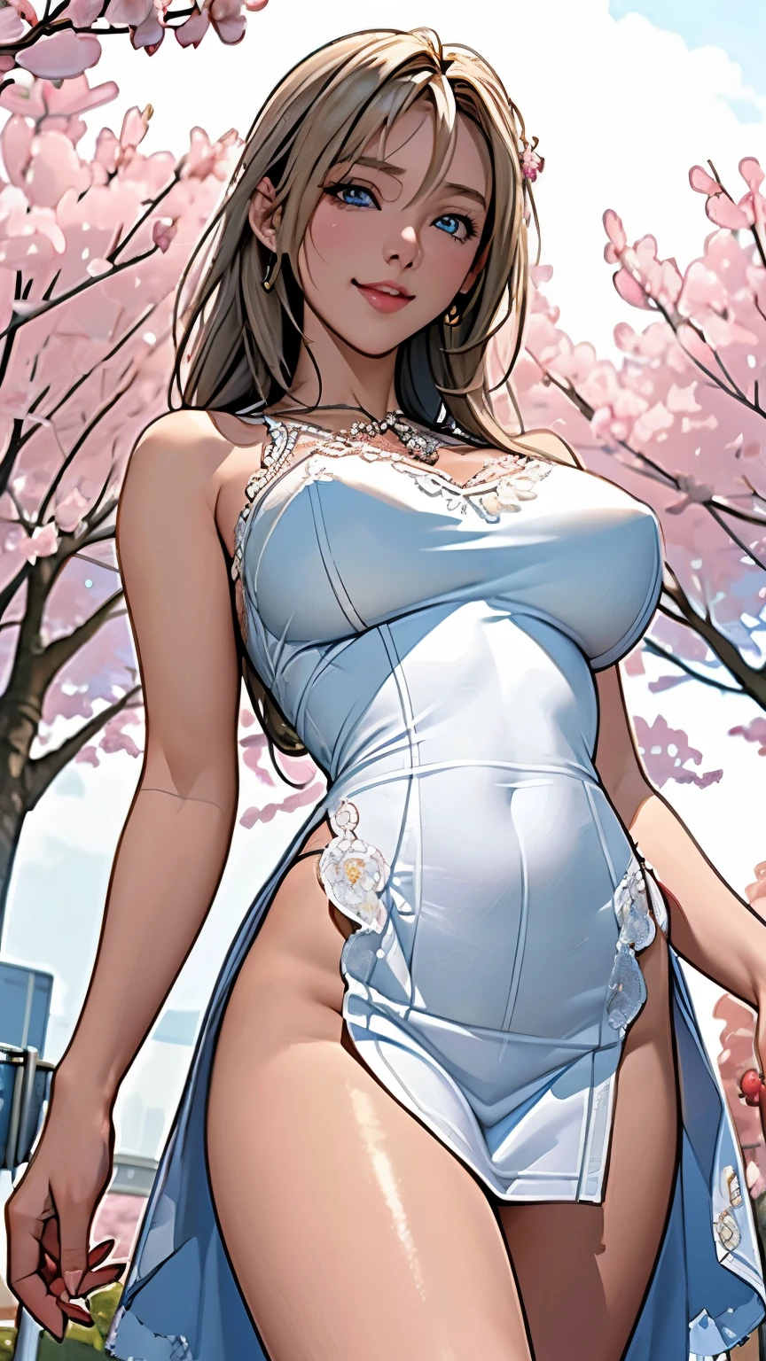 (((Perfect figure,figure,bare shoulders, armor, breastplate, white sleeves, detached sleeves, red skirt, pleated skirt,white thighhighs, (((aaasuna, long hair, brown hair, braid, brown eyes, )))((masterpiece)),high resolution, ((Best quality at best)),masterpiece,quality,Best quality,((( Exquisite facial features,Looking at the audience,There is light in the eyes,(((Pain, patience, biting lips))),))),型figure:1.7))),(((Light and shadow,Huge breasts))),(((Looking at the camera,Cherry Blossom Background,flowers,pink background,Cherry Blossoms,pose partially visible vulva,panties,Open your legs))))