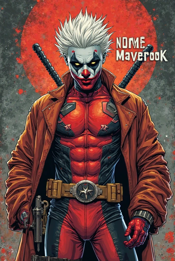 Old style marvel comic book cover ,with a character with clothes deadpool jumpsuit joker jacket face with clown makeup white hair, with title of "vingator"