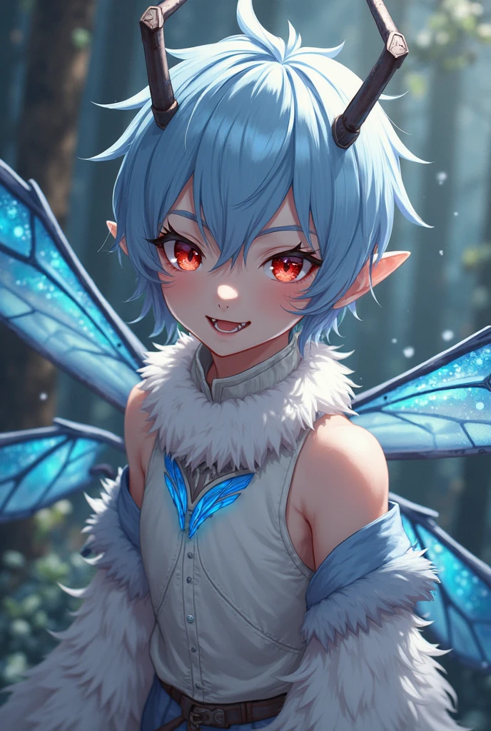 Dark male fairy with slanted eyes with red pupils, toothy smile - SeaArt AI