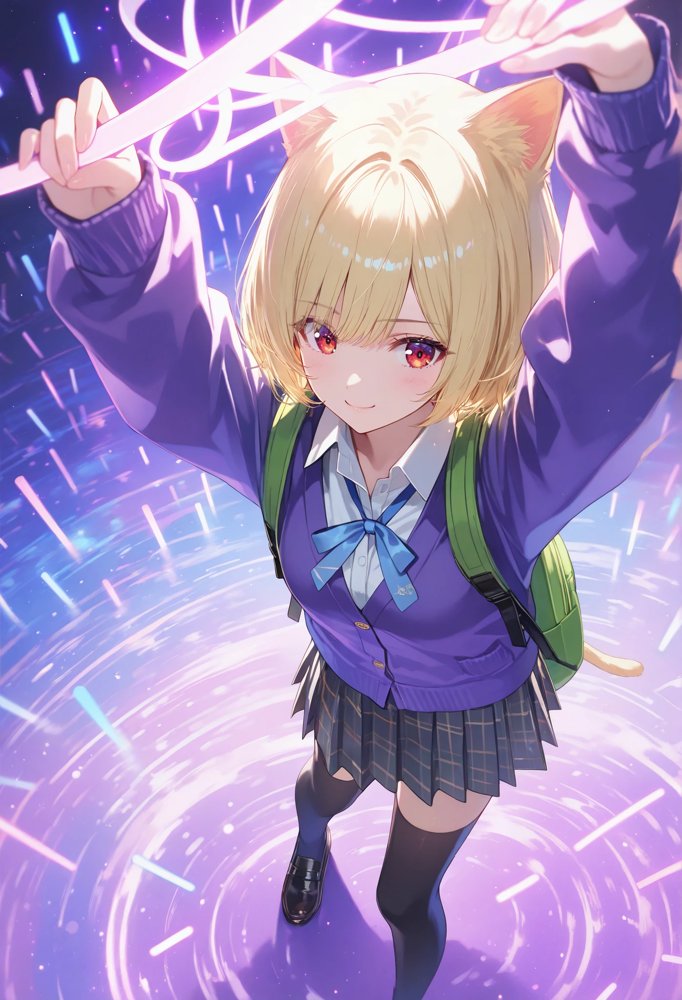 focus on face,view from above,A cheerful young girl with blonde bobcut,cat ears, wearing a purple cardigan over a white shirt with a blue ribbon tie, a grey pleated skirt, black knee-high socks, and black loafers, holding two purple glow sticks in both hands with arms raised, standing in front of a pastel pink and purple gradient background with abstract curved patterns, a green backpack placed on the ground to the left, vibrant colors, soft lighting, idol aesthetic, highly detailed, 4K resolution