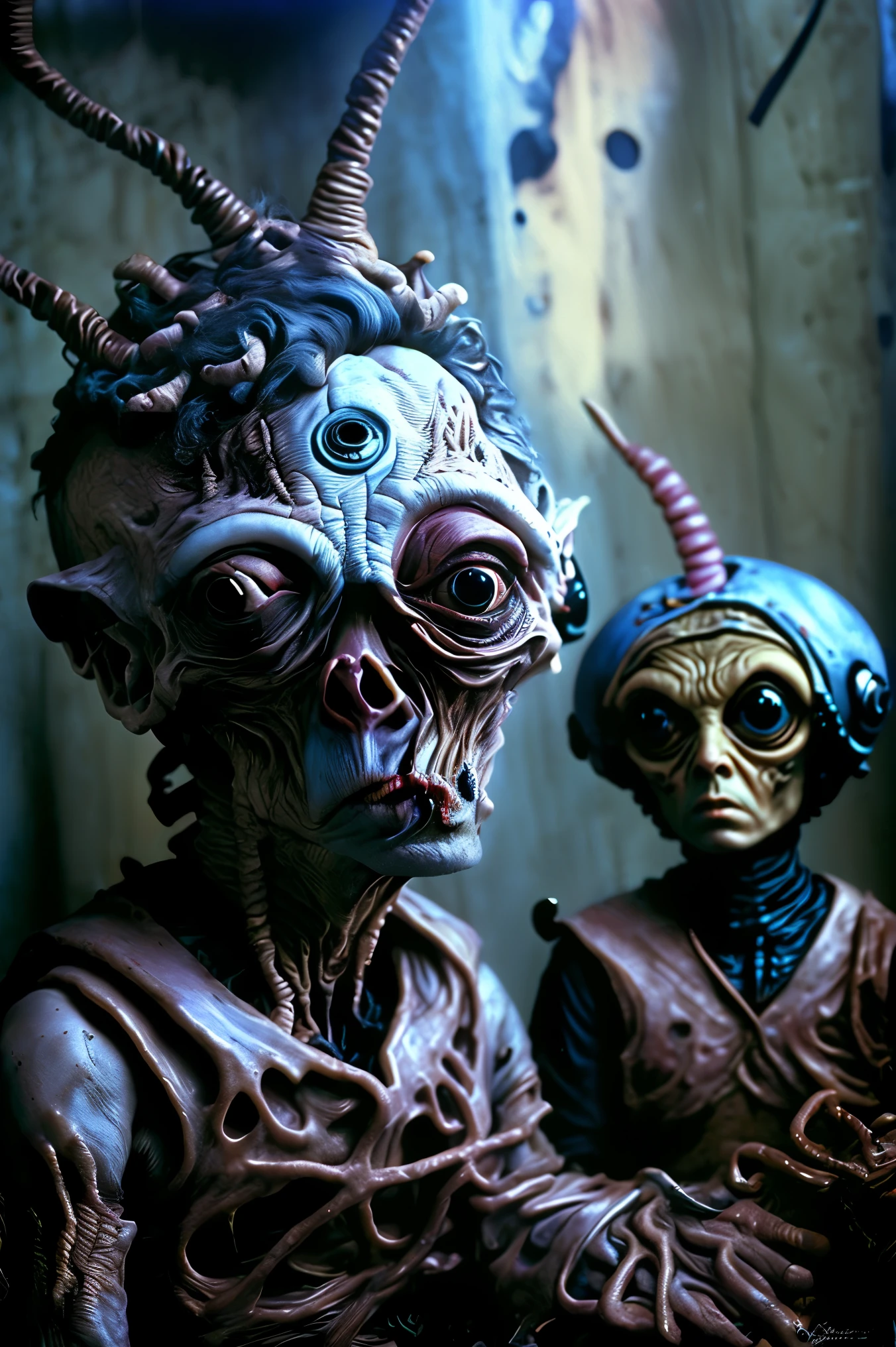 Loab, horror, detailed horror portrait, emaciated, sunken eyes, gaunt features, pale skin, twisted expression, intense gaze, dark shadows, monstrous, disturbing, unsettling, dramatic lighting, high contrast, HDR,4K,photorealistic,ultra-detailed,dark fantasy,occult,chiaroscuro,gothic,dramatic atmosphere,moody colors,deep blacks,muted tones