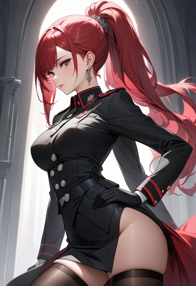 Rogue human woman, with red hair and black streaks, long high ponytail, white corset, black mini skirt, black thigh high boots, black jacket, with a dagger
