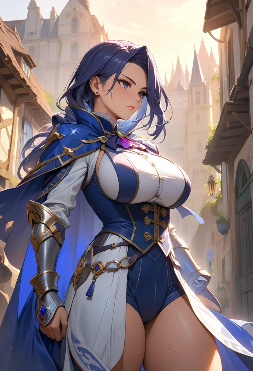 Fantasy, adventurer, passive, massive breasts, General, Fantasy world, no buildings, fully clothed, Tight Clothes, white Cape, Purple and Black hair hair, holding sword, katana,short hair,Bob HairStyle