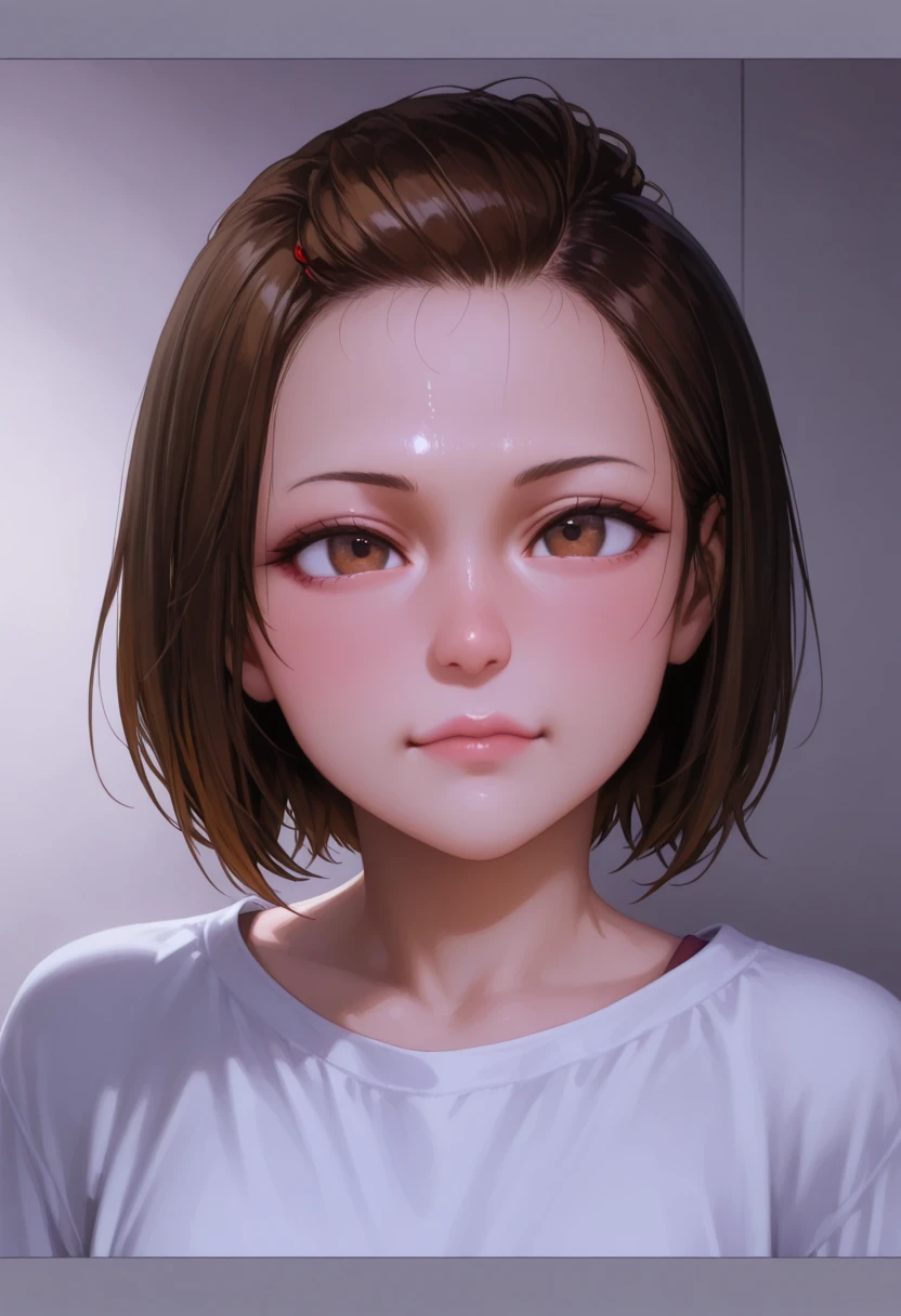 (photograph:1.2)、(realistic:1.3)、(Masterpiece:1.3)、(Highest picture quality:1.4)、Ultra high resolution、(Detailed eyes)、(Detailed facial features)、(Detailed clothing features)、8K resolution、Focus only、30 year old woman、small face、No makeup、Beautiful eyes with details、smooth、dark brown hair、short hair、(realistic skin)、Beautiful skin、charming、Ultra high resolution、Very realistic、high definition、open white shirt,intermediary、small breasts、B cup breasts、small breasts、Cool beauty、gray background、