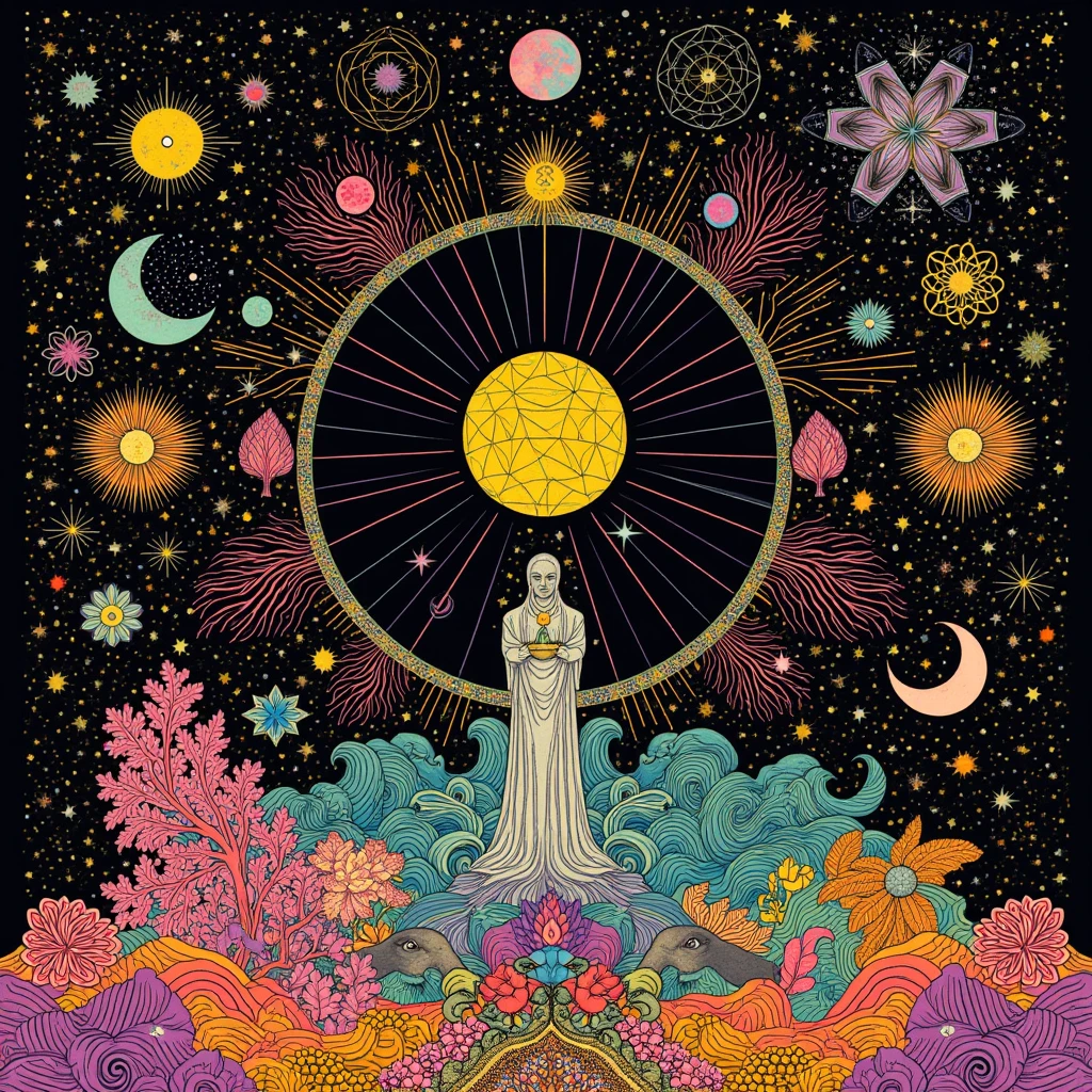 Create a woodcut style image digital art surreal art that depicts a mystical figure with divine characteristics, the figure has a connection with the cosmic astral and the plantea, symbolizing control and harmony with the universe. Use a vibrant color palette, including blue, oranges and whites, to create heavenly contrast and a stunning visual effect