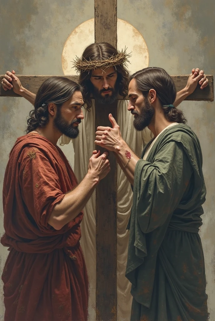 jesus,pilate,traditional,religious,painting,oil,pictorial technique,expressive brushstrokes,dramatic lighting,symbols of faith,emotional,religious devotion,cross,detailed faces,sacred atmosphere,vivid colors,divine illumination,celestial aura,deep shadows, sacred figures,Artwork:1.2,realistic,high resolution,ultra-detailed