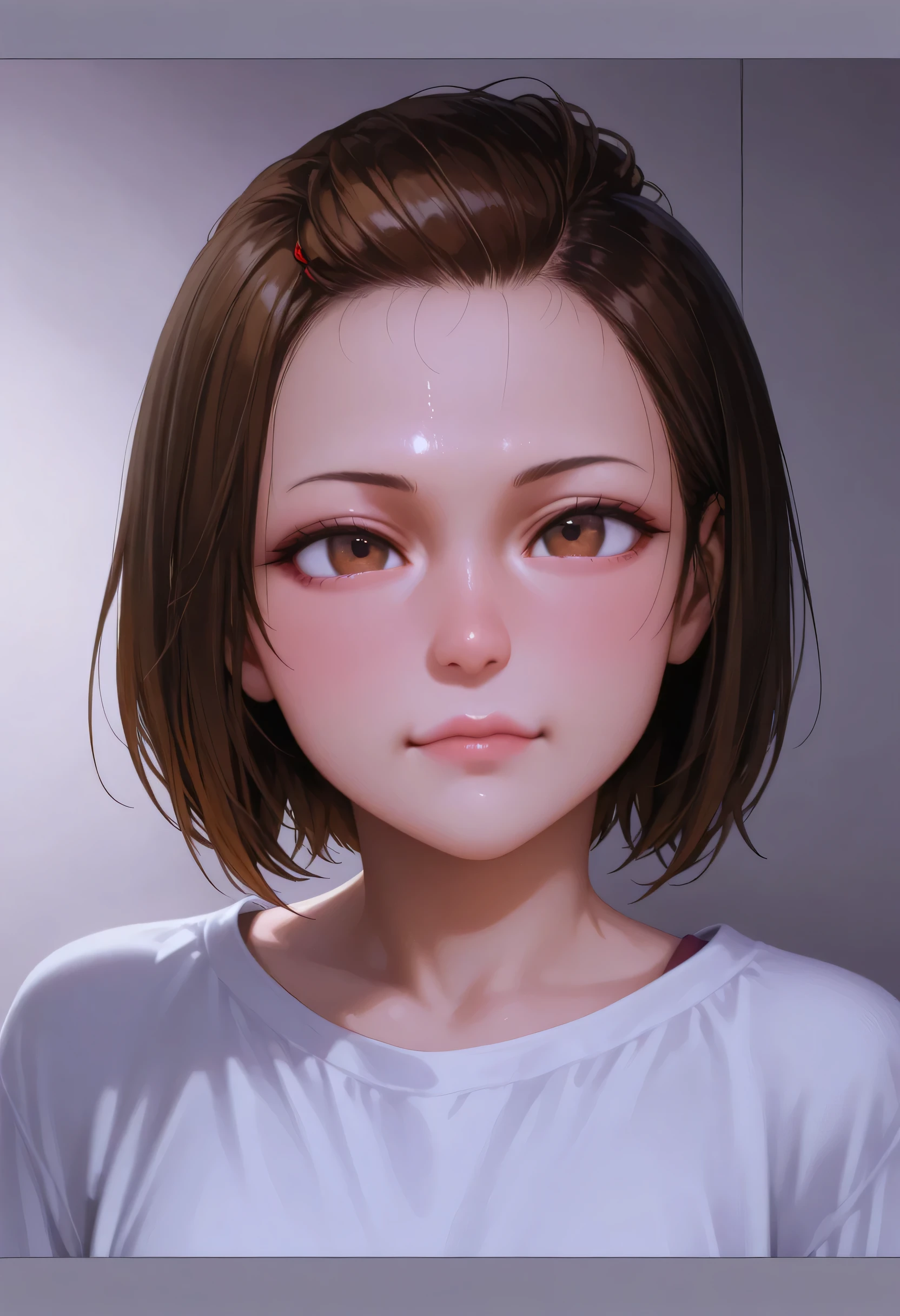 a close up of a woman with a white shirt and brown hair, portrait sophie mudd, accurate ultra realistic faces, photorealistic beautiful face, ultra - realistic faces, hyperrealistic beautiful face, ultra realistic faces, beautiful realistic face, young female face, realistic perfect face, hyper realistic faces, realistically rendered face, photorealistic faces, hyperrealistic ****, ultra realistic faceHD, (best detail), (best quality), Two-dimensional,