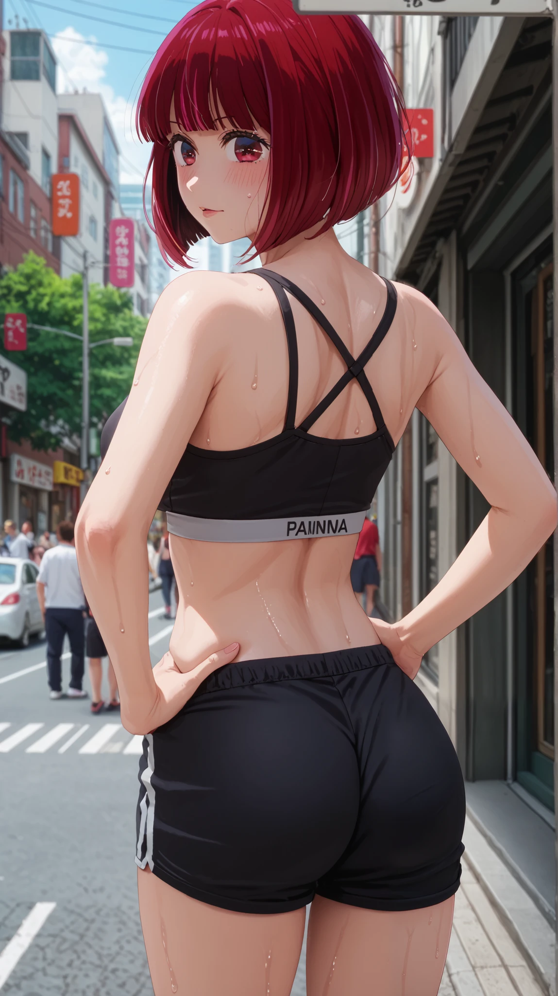 score_9, score_8_up, score_7_up, anime_source, from behind, solo, 1 girl, kana arima, sweat, blushing, showing off, looking back, hands on hips, bob cut, inverted bob, black sports bra, black shorts, short shorts, ass, outdoors, city street, red hair, red eyes, seductive,