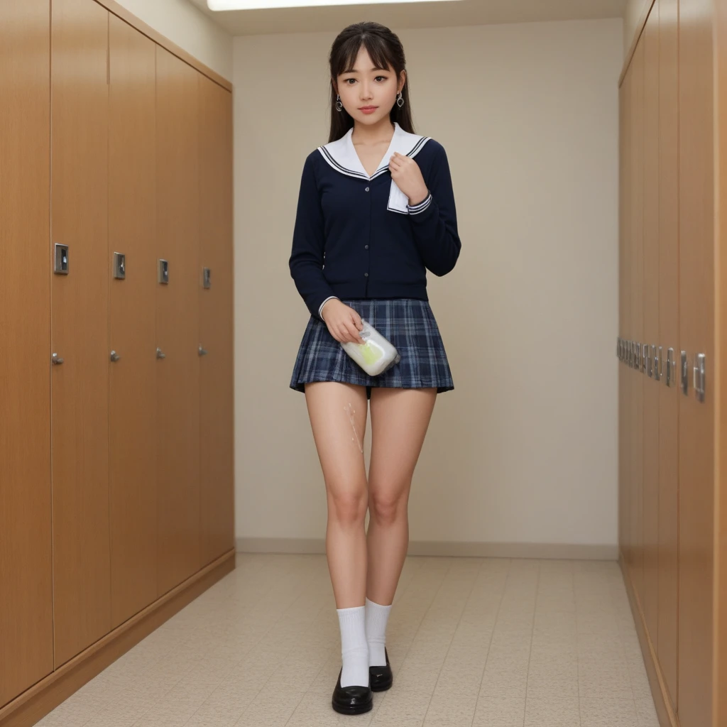 (masterpiece, highest quality, high resolution, realistic, raw photo, 8K:1.2),(high school girl:1.2), (((short-sleeved sailor uniform))), navy blue pleated skirt),(white sneakers),white socks),(smiling with teeth showing, eyes narrowed:1.3),(bob cut, black hair, natural makeup, mischievous:1.3),(tanned Japanese:1.3),( Japanese girl:1.2),(small eyes:1.2),(men's room:1.3), (looking at subject from below:1.2), (shorts visible:1.4), (sex appeal,gs spread, squatting and standing on tiptoes:1.3), oily skin, oily, dark skin, moist, greasy, slippery,