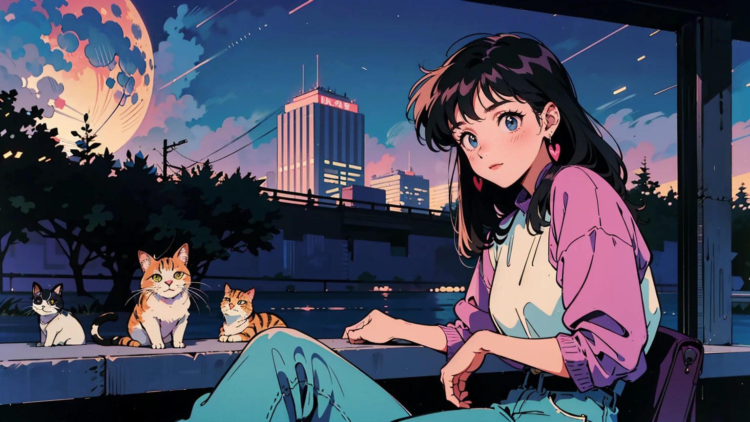 1 Retro anime pretty girl, Anime atmosphere of the 80s, 80s anime style, Retro Anime Girls, 1980's anime style, Retro anime images, Anime atmosphere, chill, sexy eyes , smile, black cat, folk car, blur tokyo city with peaples background, night time