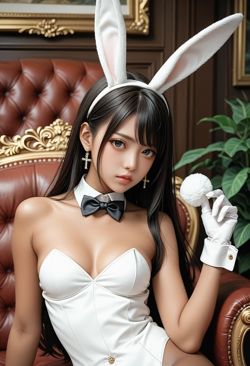 masterpiece, best quality, ultra detailed, beautiful face, beautiful skin, photorealistic, (professional lighting:1.4), 2girls, breast press, light smile, (((on the left is small breasts girl with short black hair))), (((a little further away on the right is large breasts girl with long blonde hair))), (playboy bunny:1.4), pearl necklace, (erect nipples:1.3), (cameltoe:1.3), looking at viewer, cowboy shot, on sofa