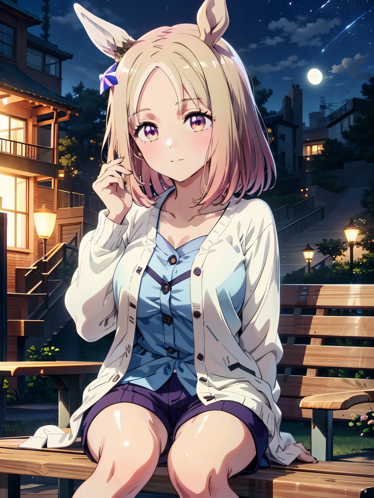 Narita Top Road \(Uma Musume\), 1 girl, Alone, anime style,cute girl,Best Quality, super detailed, anime style,8k, high resolution, detailed face, ((キャラクターのClose-up image)),((Clear Face)),(I'm dyeing my cheeks a little red),(night park),Starry sky and moon,((bench with whiskey in one hand)),(opening the front of the black cardigan),((light blue shirt)),(((pink mini short loungewear shorts)))Above the thighs image,(smooth thighs),Close-up image,Oblique side view,