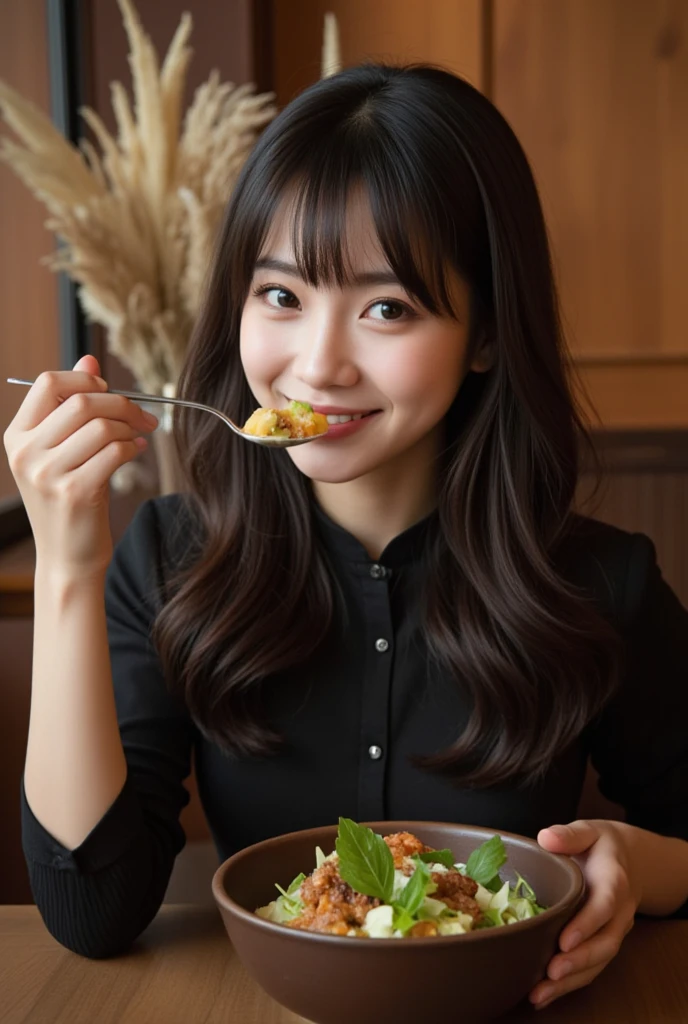 ((Midnight, Best Quality, 8K, masutepiece :1.3)), Whole body, Long legs, foco nítido :1.2, A pretty woman with perfect figure :1.4, Slender Abs :1.1, ((dark brown hair)), (White sweater, Black Training Pants,:1.2), ((dining table, in a house:1.3)), Highly detailed face and skin texture, Detailed eyes, 二重まぶた,Eat meat,a smile,Smiled face,It looks delicious,Rice and lots more,Dina,((during a meal