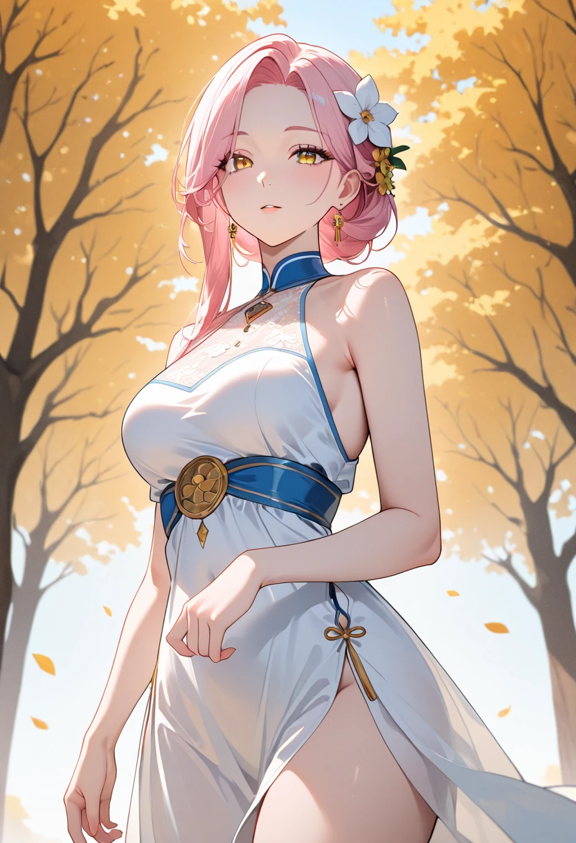 (masterpiece, top quality, best quality, watercolor (medium), official art, beautiful and aesthetic:1.2), (1girl:1.3), (fractal art:1.3), upper body, from back, back viewing, patterns, (rainbow color Hair, colorful hair, half sky blue and half light pink hair:1.2), white long dress, halter neck clothes, wind, water, liquid, cloud, colorful, starry, stars, floating hairs, (huge-tattoo at her back, flower pattern, tattoo:1.3), seductive, attractive, classy, fantastic, fashion, seductive posing, hydrangea flower, floating hydrangea flower, perfect anatomy, Japanese anime style, concept art by Kyoto animation, storm, splash,