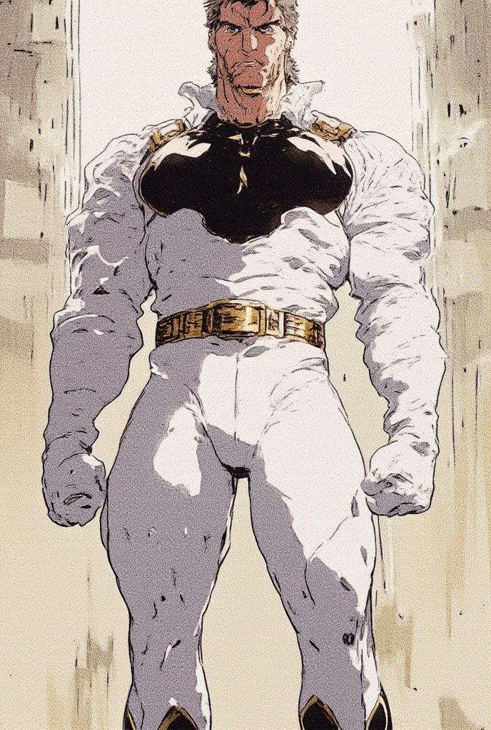 nsfw, best quality, high resolution, manga, monochrome, handwritten style, allmight, black bodysuit, hunk, wet clothes, from below, arms folded,