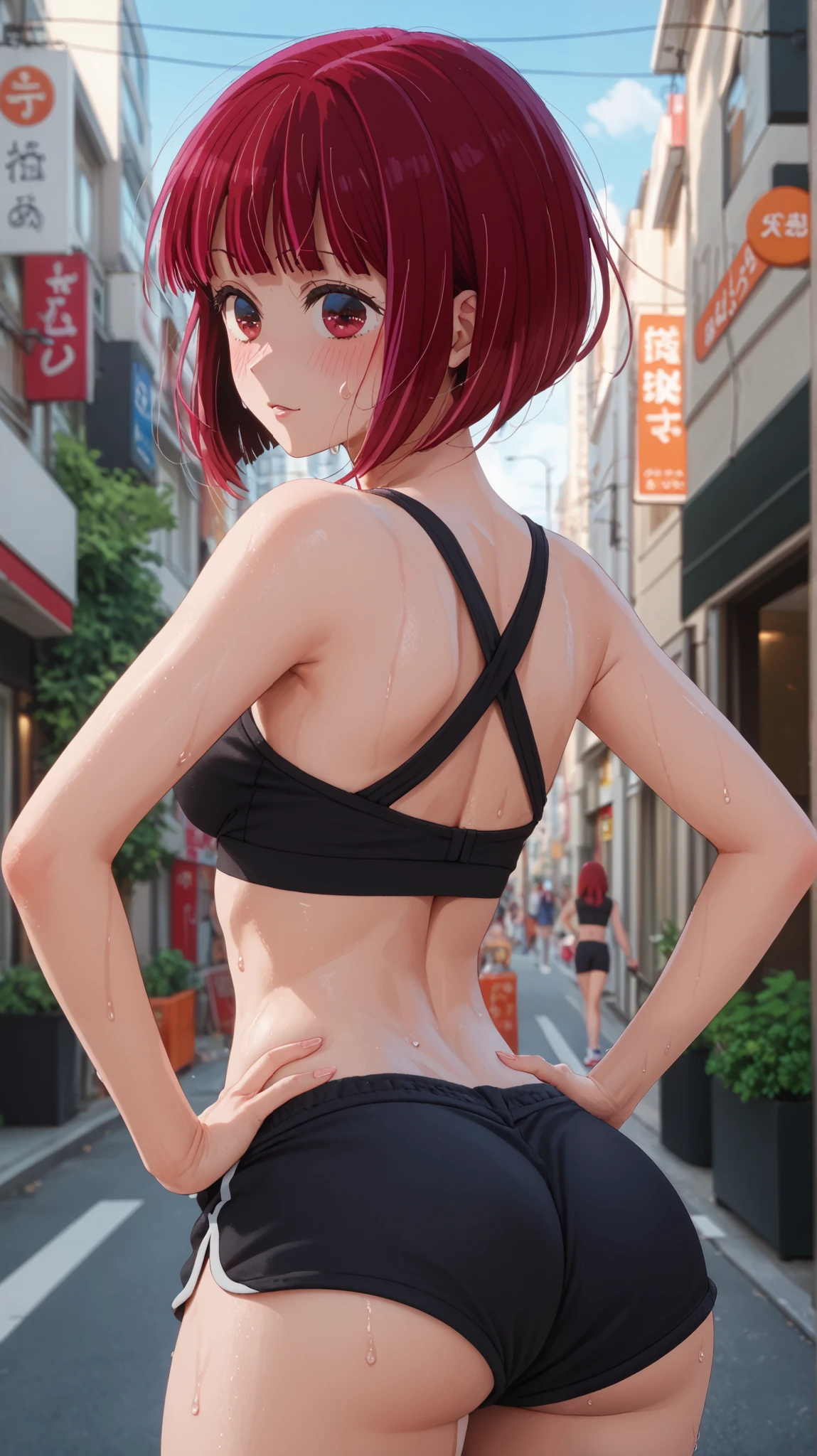 score_9, score_8_up, score_7_up, anime_source, from behind, solo, 1 girl, kana arima, sweat, blushing, showing off, looking back, hands on hips, bob cut, inverted bob, black sports bra, black shorts, short shorts, ass, outdoors, city street, red hair, red eyes, seductive,
