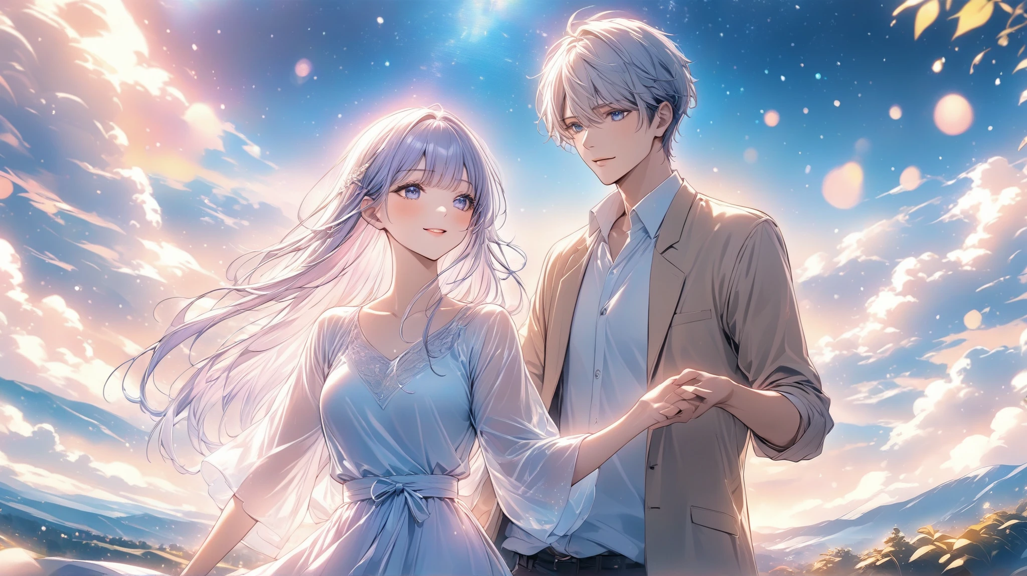 ( top quality,4K,8k, high definition , masterpiece :1.2),Slightly realistic anime style。soft focus。
Japanese male and female couple around 23 years old dancing under the starry sky above the hill。standing up picture、Yuge 、Women are light purple〜long silver hair、wearing a light blue long dress。the man is wearing a white shirt and beige jacket、 no tie。They are both smiling gently、Beautiful eyes depicted in detail。