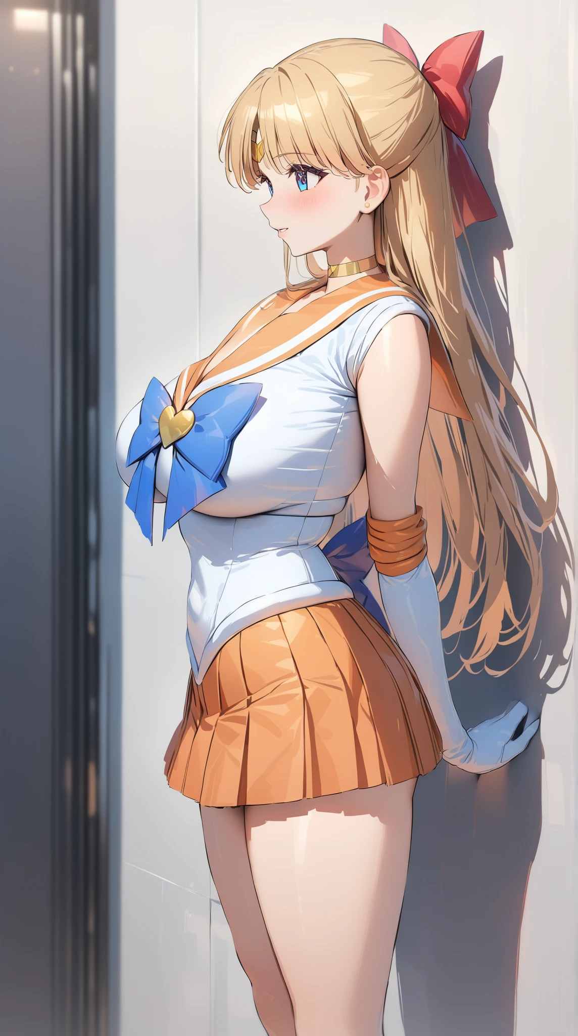 men and women ,expensive,170cm、 (Boxing Ring、Spotlight、A large number of people、Stadium), 、(have confidence々face、笑face)、Long Hair、They hesitate,Sweaty body、Wet Hair, Underarm, Big Breasts , (expensive色彩彩度:1.0), (Very detailed肌), (Highest quality:1.0), (Ultra-high resolution:1.0) ,(Realistic:1.0), (Very detailed:1.0), (8k, RAW Photos:1.1)、Are standing、Sailor Venus、Blonde