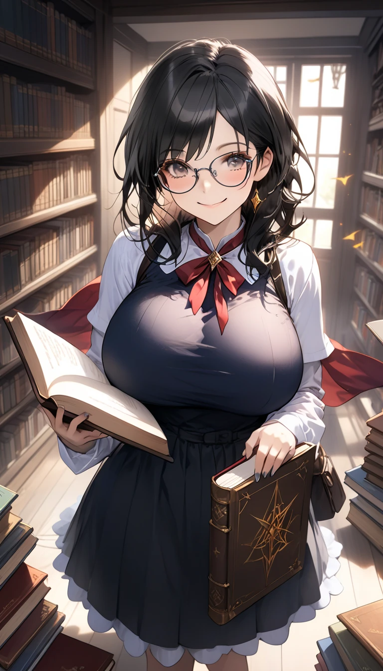 ((1 Woman, with a white mini blouse with Bhutan, with a black mini skirt with Bhutan, with white panties)),((brown hair)),((shallow eyes, with glasses, with a cute smile)), ((big breasts,((standing on a wooden counter with books and paper, in a medieval door, during the day