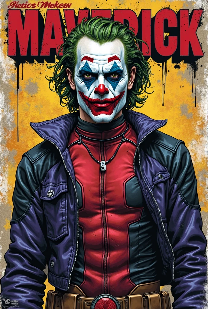 Old style marvel comic book cover ,with a character with clothes deadpool jumpsuit joker jacket face with clown makeup white hair, with title of "vingator"
