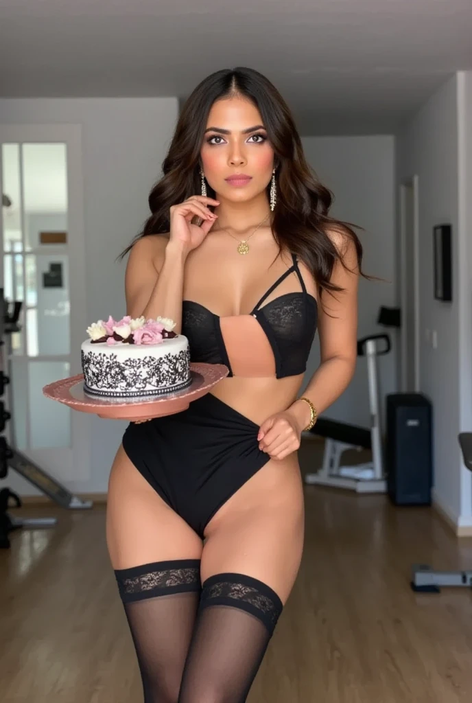 Emberassing Mujer joven, Medium-sized round breasts, Cara europea, Pelo rubio de cola de caballo, Uniforme de sirvienta blanco y negro, caderas anchas, Chocolate cake and FN celebration tray, Mostrador de pie cerca de la barra, cafe background,