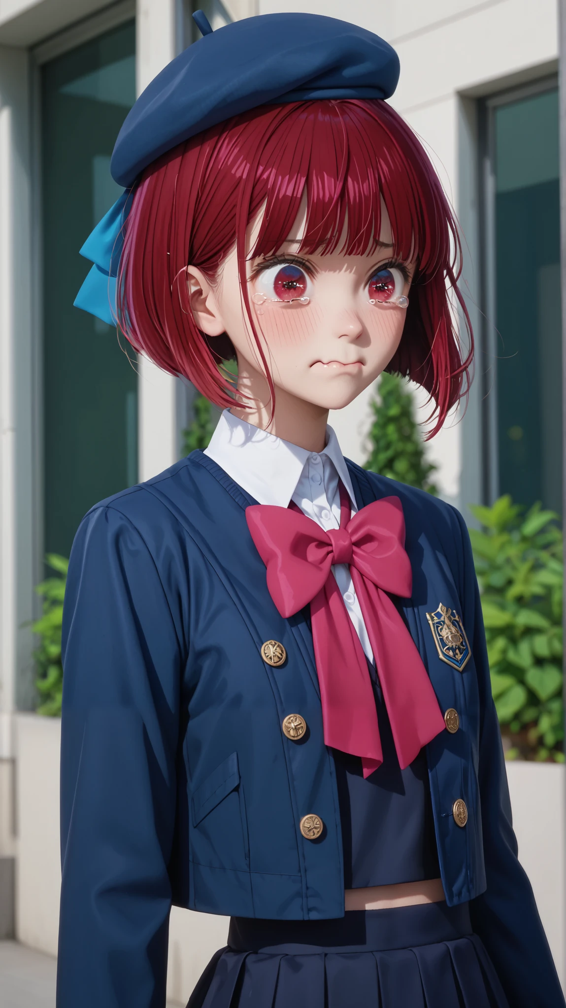 score_9, score_8_up, score_7_up, source_anime, solo, 1girl, kanaschool, aquacrying, wavy mouth, closed mouth, tearing up, bob cut, inverted bob, blue headwear, beret, hat ribbon, hat bow, school uniform, blue jacket, cropped jacket, black vest, white shirt, collared shirt, pink bowtie red hair, red eyes,