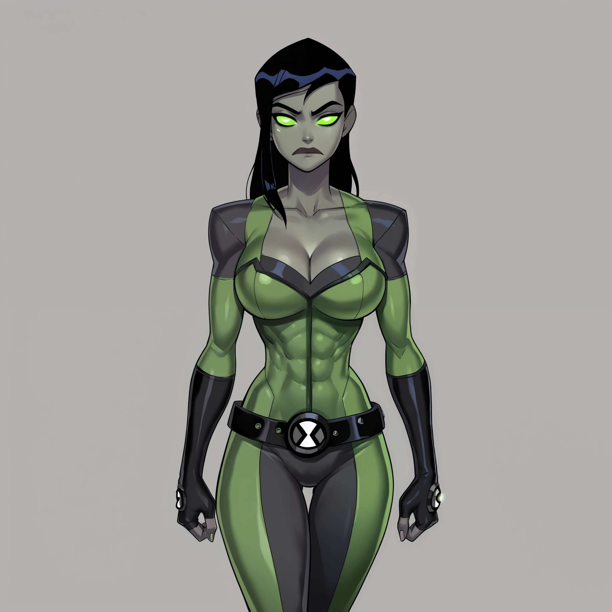 safe_pos, solo, 1girl, long hair, black hair, grey skin, no pupils, green eyes, green sclera, glowing eyes, bodysuit, black and green suit, black pants, varmbraces, black varmbraces, armelt, fingerless gloves, belt, toned, cleavage, grail (dc), looking at viewer, ben10, big breasts, closed mouth