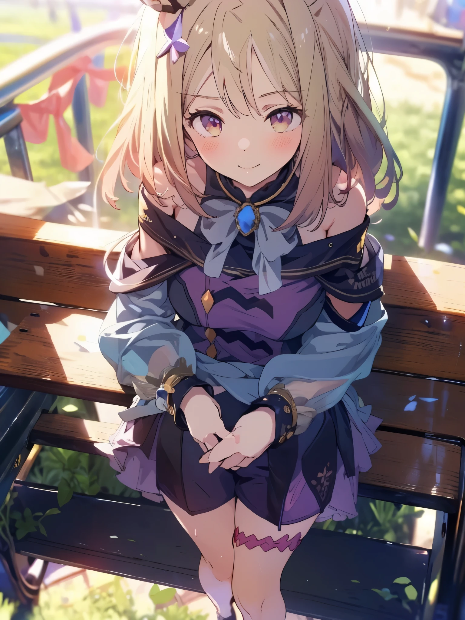 Narita Top Road \(Uma Musume\), 1 girl, Alone, anime style,cute girl,Best Quality, super detailed, anime style,8k, high resolution, detailed face, ((Upgraded images of characters)),((Opening his eyes and smiling)),(Competition clothes),(Morning sunlight),((On the racecourse lawn)),((I'm sleeping on my back)),(( standing on one knee)),Image viewed from above,smooth thighs,Character up images