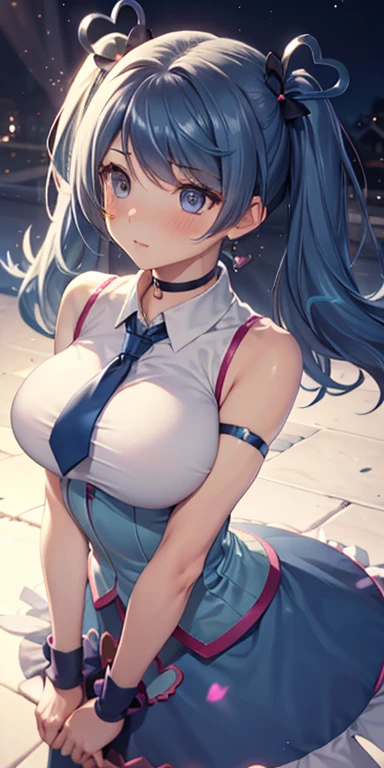 nsfw,1 girl, game CG, string bikini, miniskirt, idol, string hair ribbon, gigantic breasts, light blue hair, middle hair, two side up, blue eyes, pov, 1boy, fellatio, penis, breast milk,(cum: 1.5), happy, kneeling, stage, spotlight,