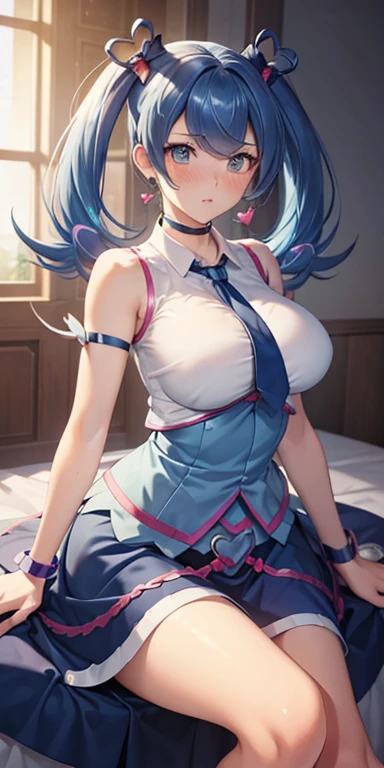 (masutepiece:1.3), (8K, Photorealistic, Raw photo, Best Quality: 1.4), Beautiful face, (Realistic face), Beautiful detailed eyes, (Realistic skin), Attractive, Intricate details,Golden ratio, 1 girl,Naughty smile, (rainbow hair:1.4),((Long twintails,Ribbon 1.4)),(Blue butterfly hair ornament),lying on the bed、tmasterpiece,Ultra-sharp image quality,White skin of the,Naked,Colossal tits,Royal sister,Sit on the ground and kneel,Spread your legs wide,Black High Heels,Unknown liquid drips onto the chest,bind both hands,