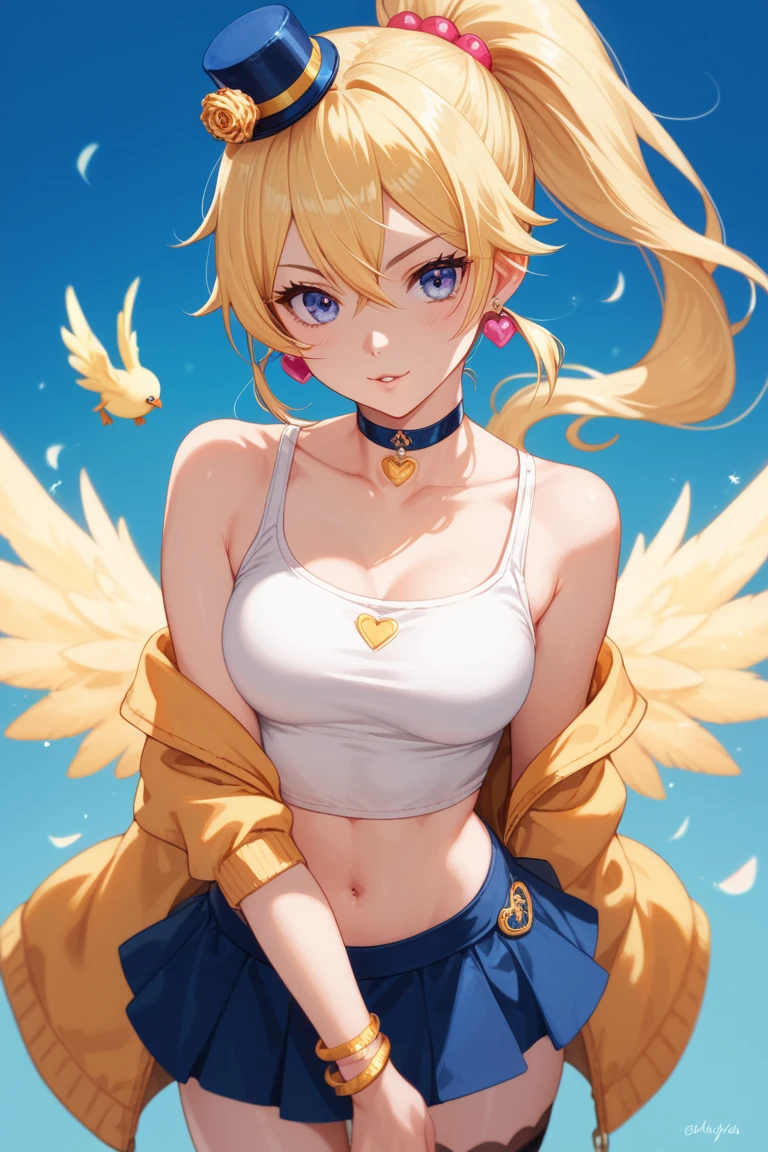 Cute girl, blonde hair, ponytail, big breasts, apron, wings of fire, almost naked, exposed stomach, sexy clothes, flying in the air