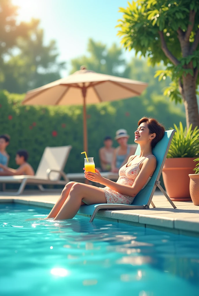 a person getting a sun tan and drinking a cooktail with two data analysis books in a hotel pool area