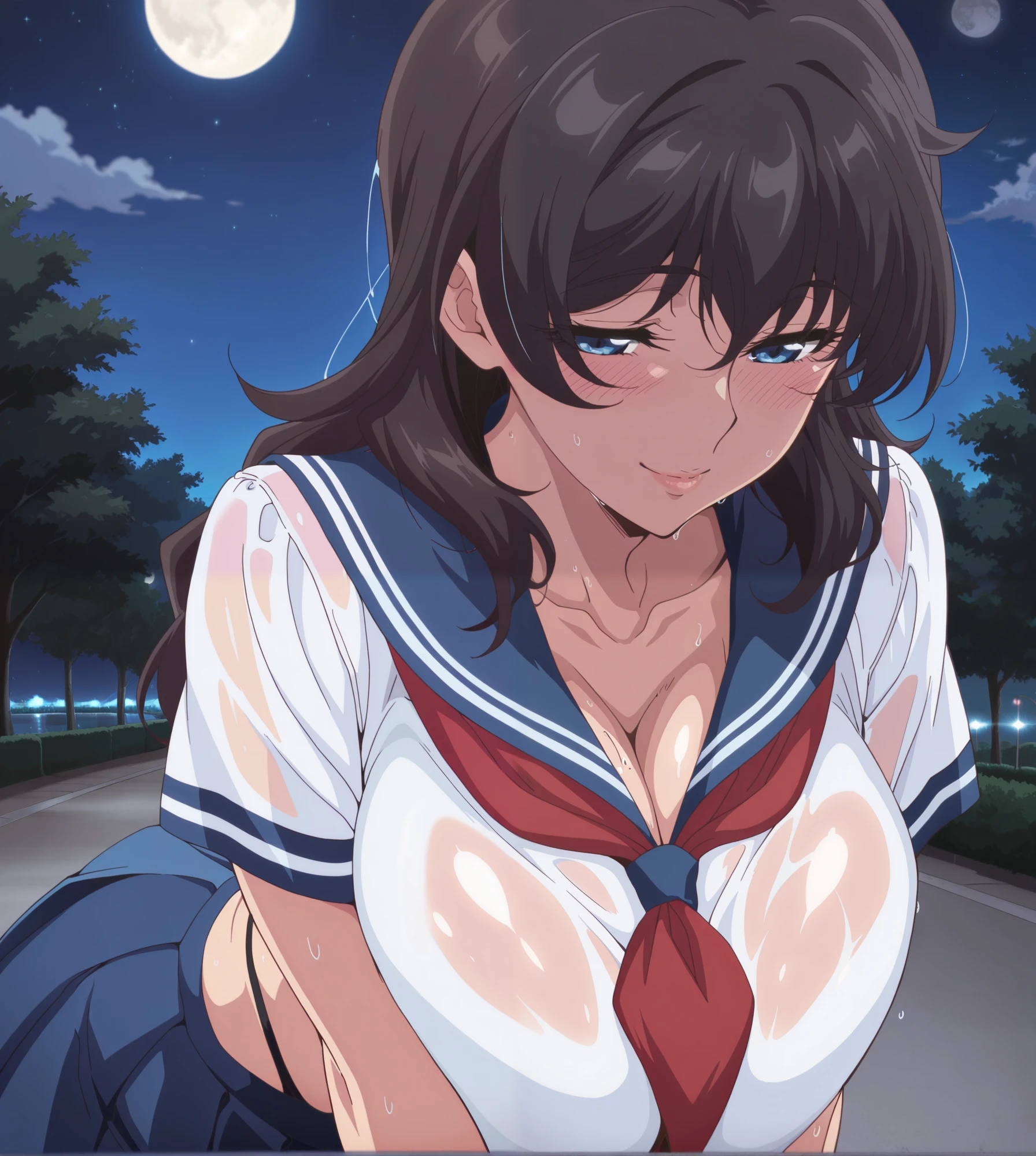 ((masterpiece)),((best quality)),ultra-detailed,illustratio,Explicit,Beautiful body,Beautiful Nose,Beautiful character design, ultra-detailed eyes, perfect eyes,perfect face,wallpaper,ultra highres,4K,photography,(Beautiful,small breasts:1.2),(beautiful face:1.2),beautiful legs,perfect legs,shiny skin,official style,official art,nsfw,anime screencap,anime coloring,
1girl, solo, brown hair, smile, ponytail,ribbon,short hair,  purple eyes,breasts,blush,thighhighs,wristwatch,short sleeves,looking at viewer,hair between eyes,bangs,solo focus, close up, ((blood, evil, evil look))