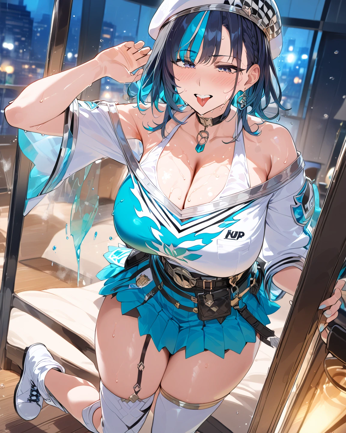 女の子1人,(,petite short stature),Young and cute idol face、(Lorioppai)(Clothed big breasts , Loli breasts,Mi Hot Pants)Double piece with hands raised (WatercolorPrivate Services, Shoulder Knitwear,Shoulders exposed、Back exposure) Huge breasts,